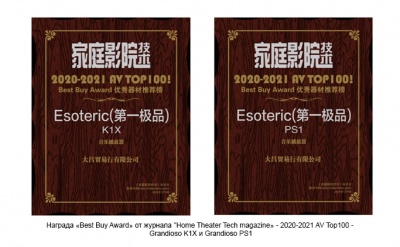 Награды компании Esoteric в Китае и Тайване в 2020-2021 году 